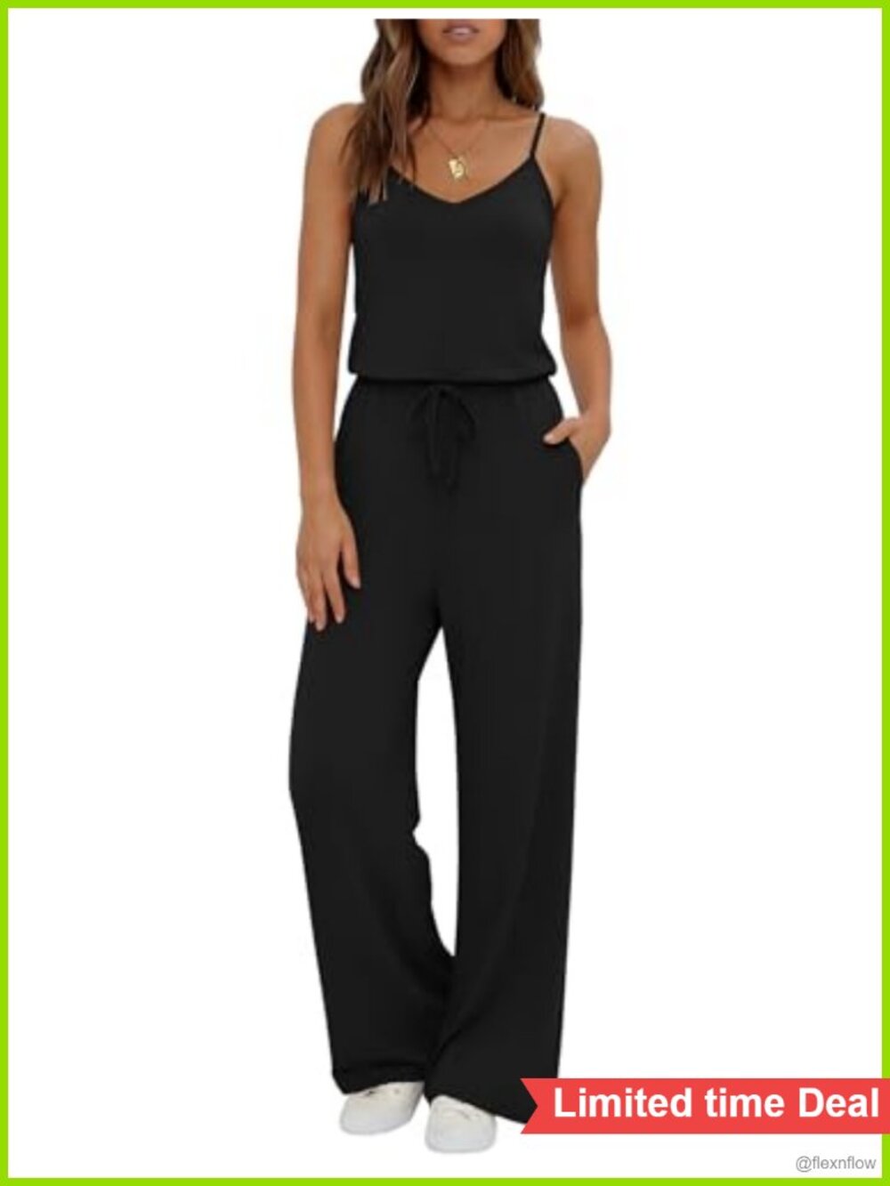 V Neck Sleeveless Wide Leg Jumpsuit with Pockets Adjustable Straps